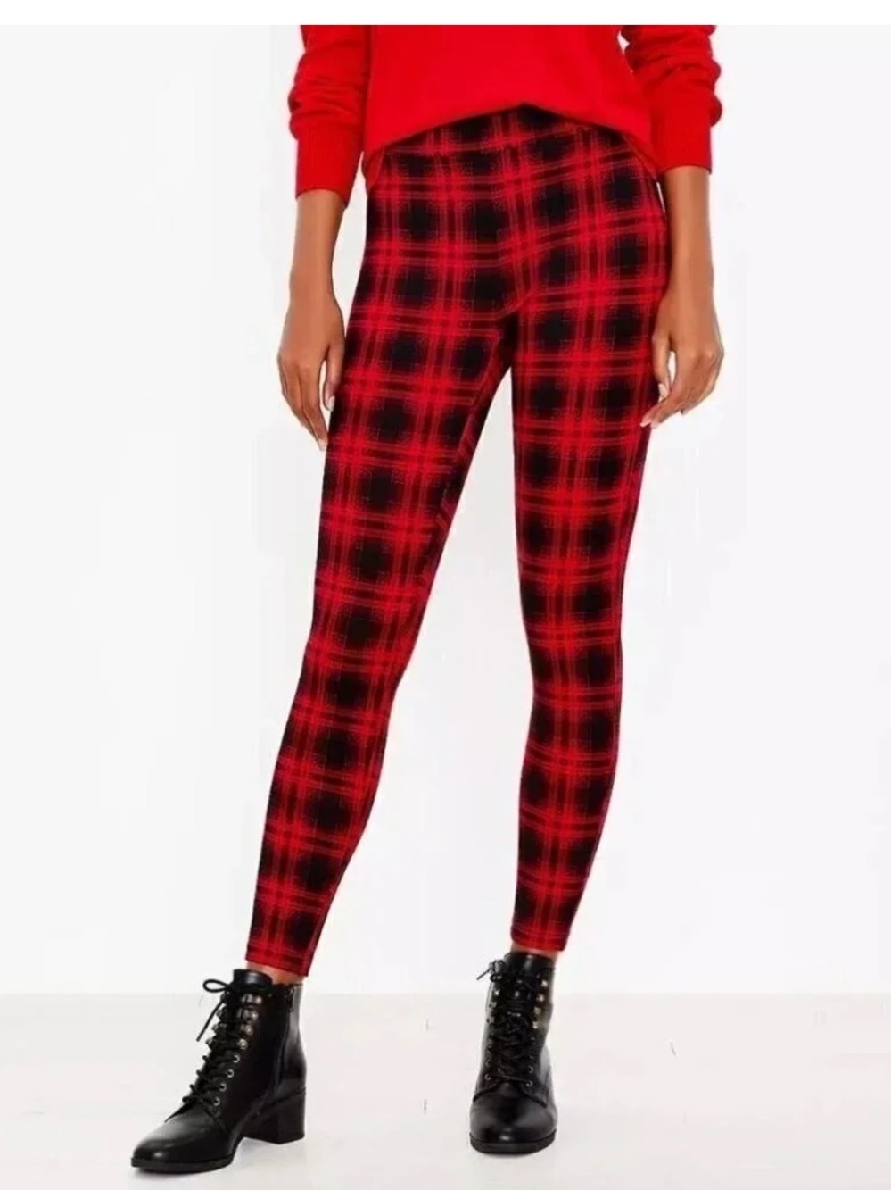 LOFT Red and Black Plaid Skinny Leggings Pants